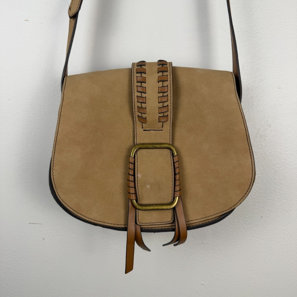 A New Approach Crossbody Bag Womens Small Tan Faux Suede Buckle Adjustable Strap